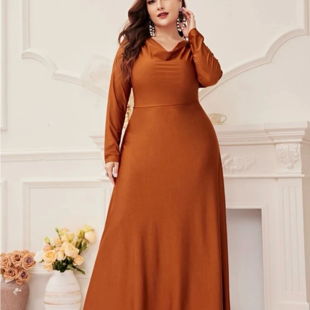 Elegant Brown Long Sleeve Dress Cowl Neck Flare Hem